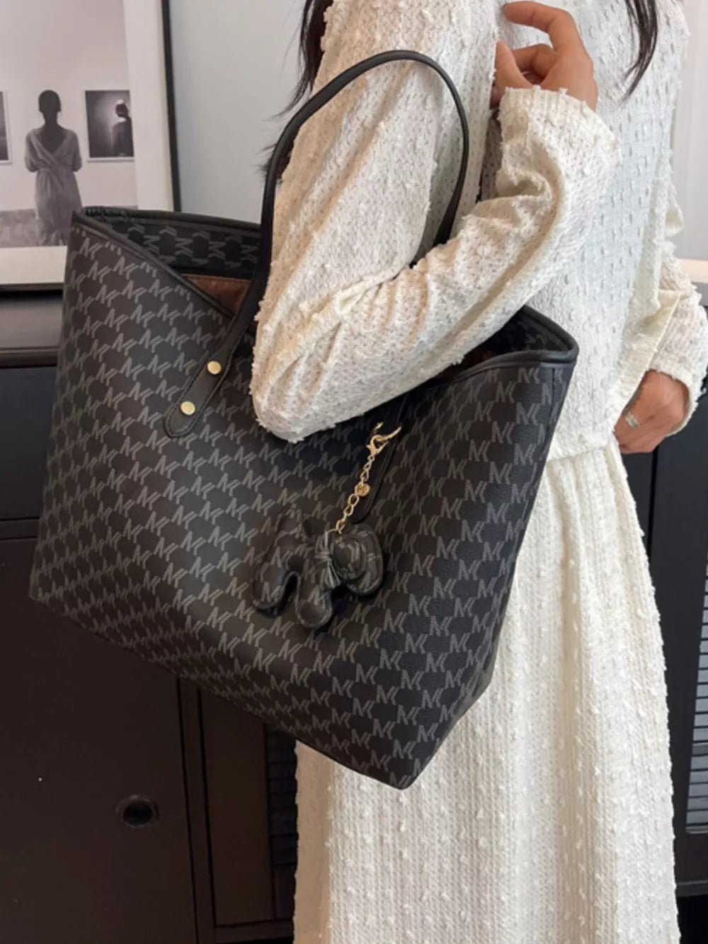tote in Black with geometric and logo print