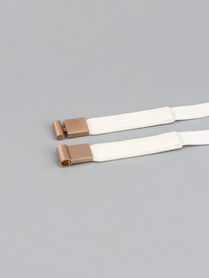 White elasticated buckle belt with gold hardware and leather detail