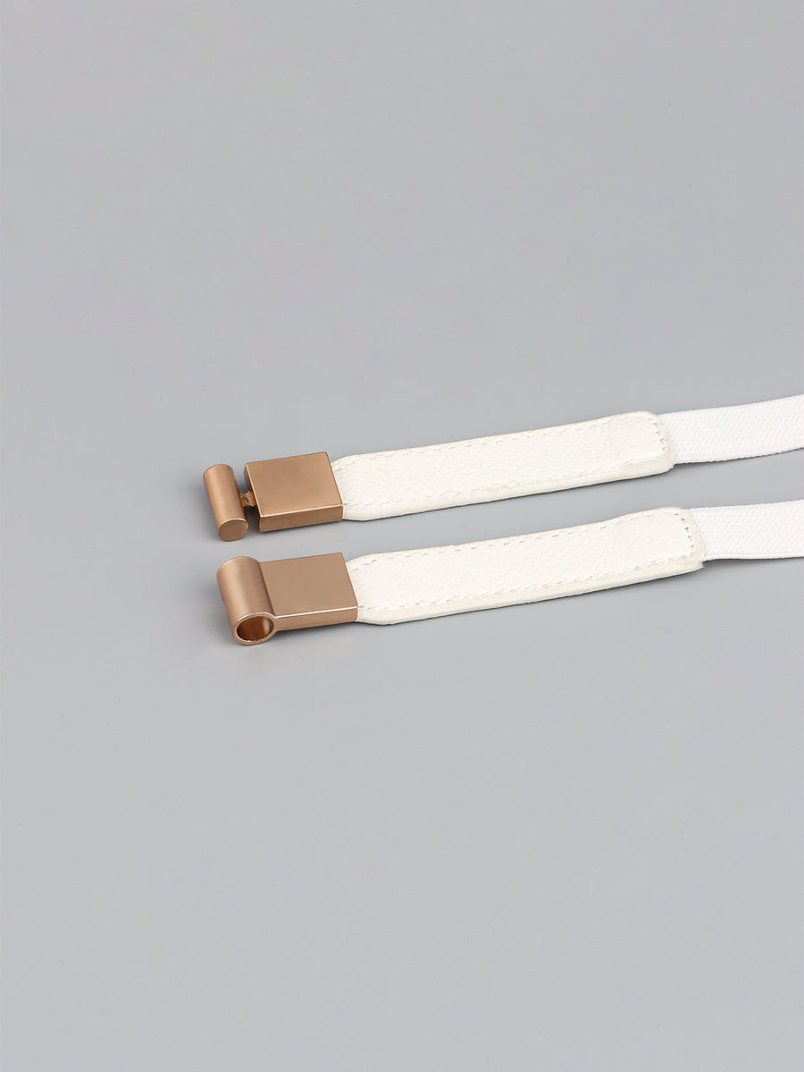 White elasticated buckle belt with gold hardware and leather detail