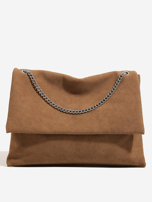 Suede Shoulder Bag With Chain Strap in Brown with metallic chain strap