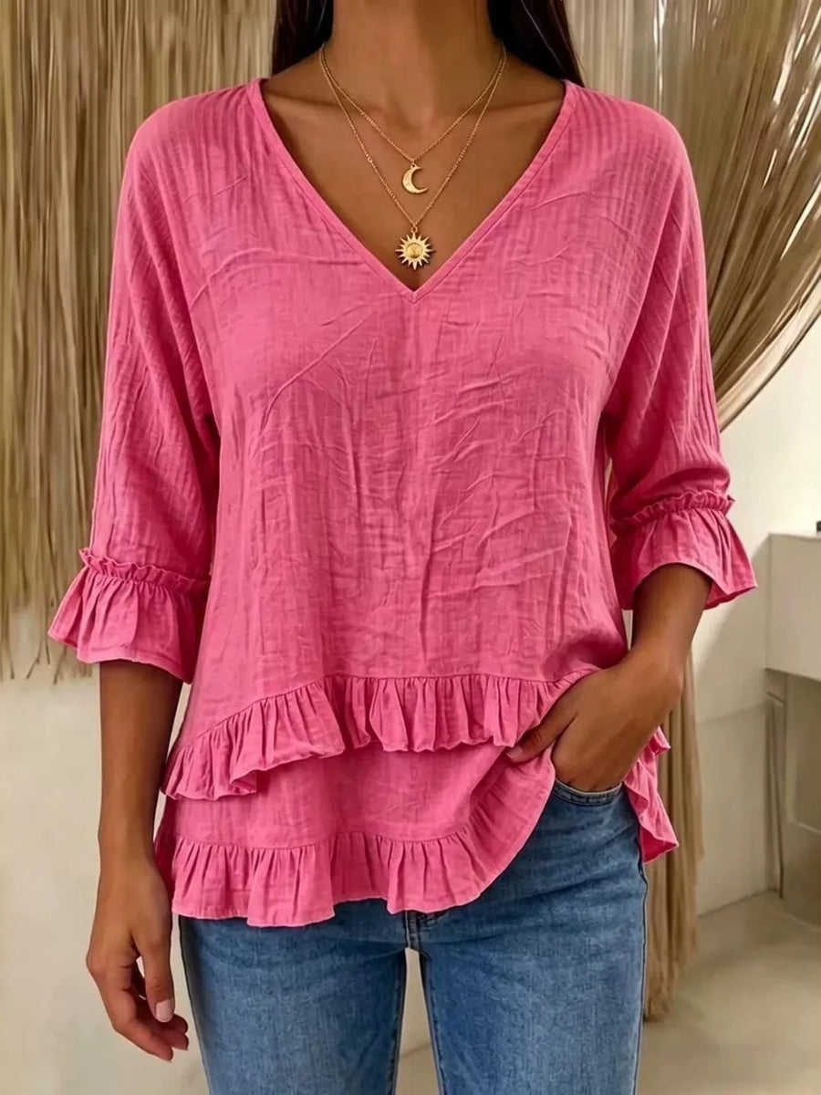 Red V-neck Ruffle Sleeve Top