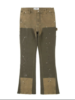 Split panel bootcut jeans in Army Green with paint splatter detail