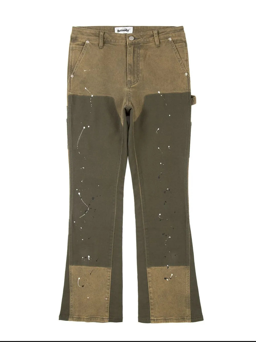 Split panel bootcut jeans in Army Green with paint splatter detail
