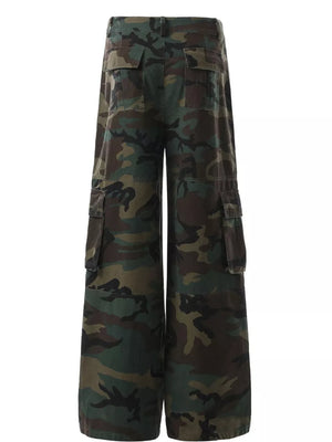 Men's wide leg cargo pants with bold camouflage print and multiple pockets.