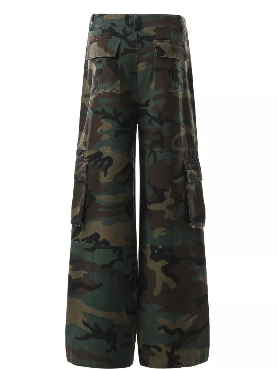 Men's wide leg cargo pants with bold camouflage print and multiple pockets.