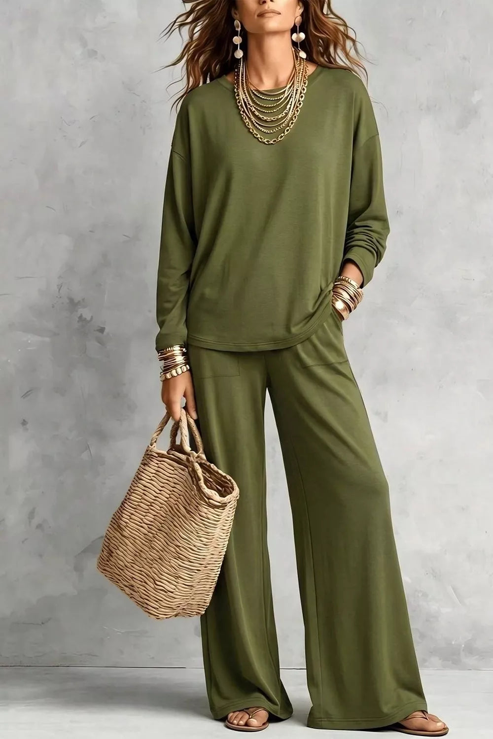 lounge set in olive green featuring pocketed and relaxed fit