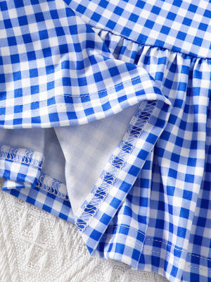 Blue and white gingham baby dress with ruffled hem detail