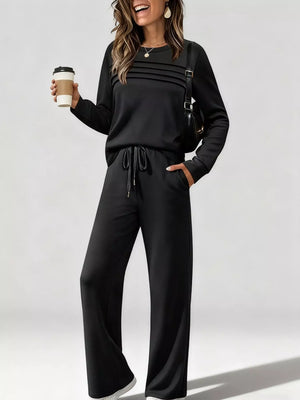 Black casual long-sleeve top and pants set with drawstring waist and pleated detail