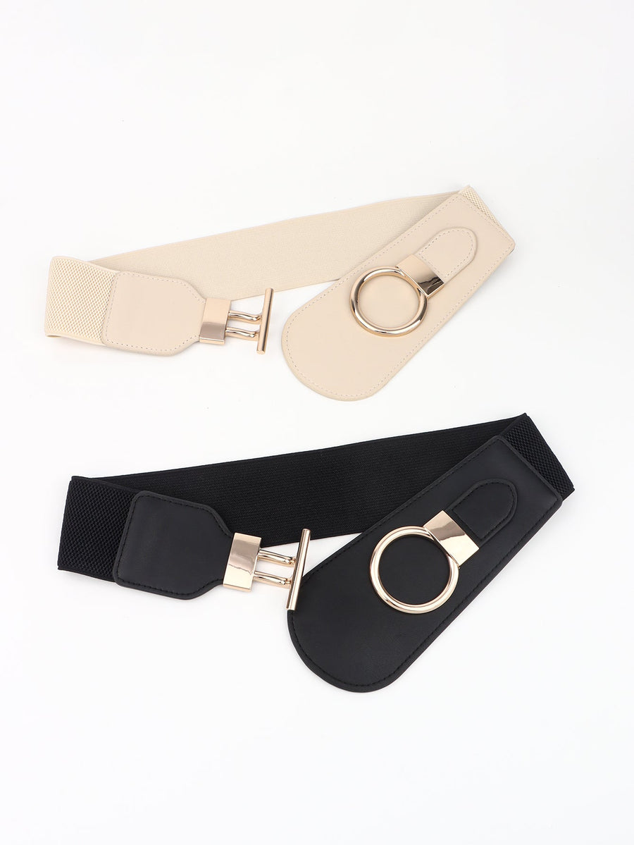 Black and cream elastic belts with gold ring buckle detail