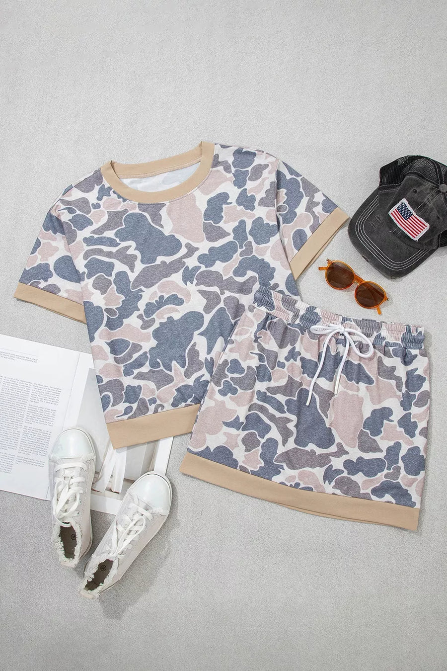 Camouflage Short Sleeve Top And Skirt Set option 4