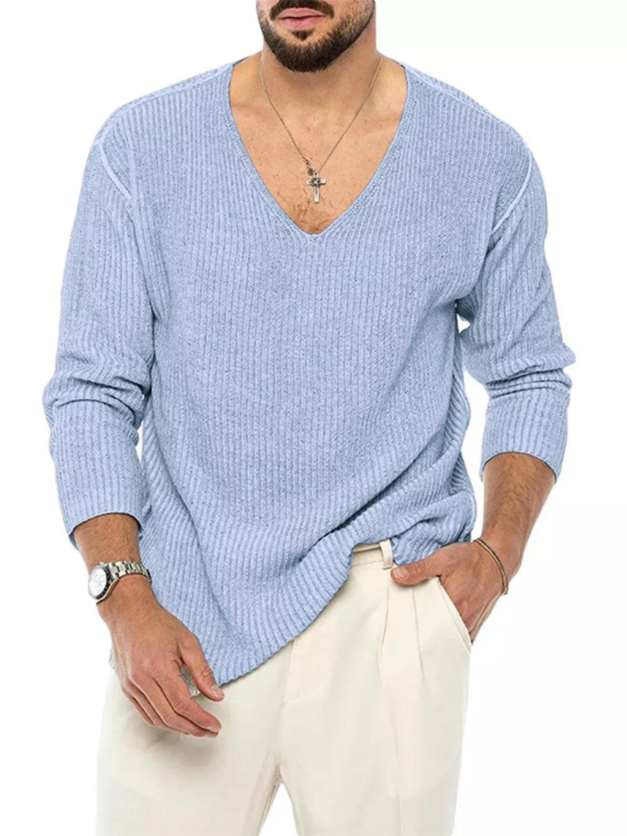Khaki v-neck sweater with stretchy and long sleeve