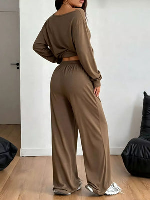 One-shoulder Top And Drawstring Pants Set Plus Size in Brown