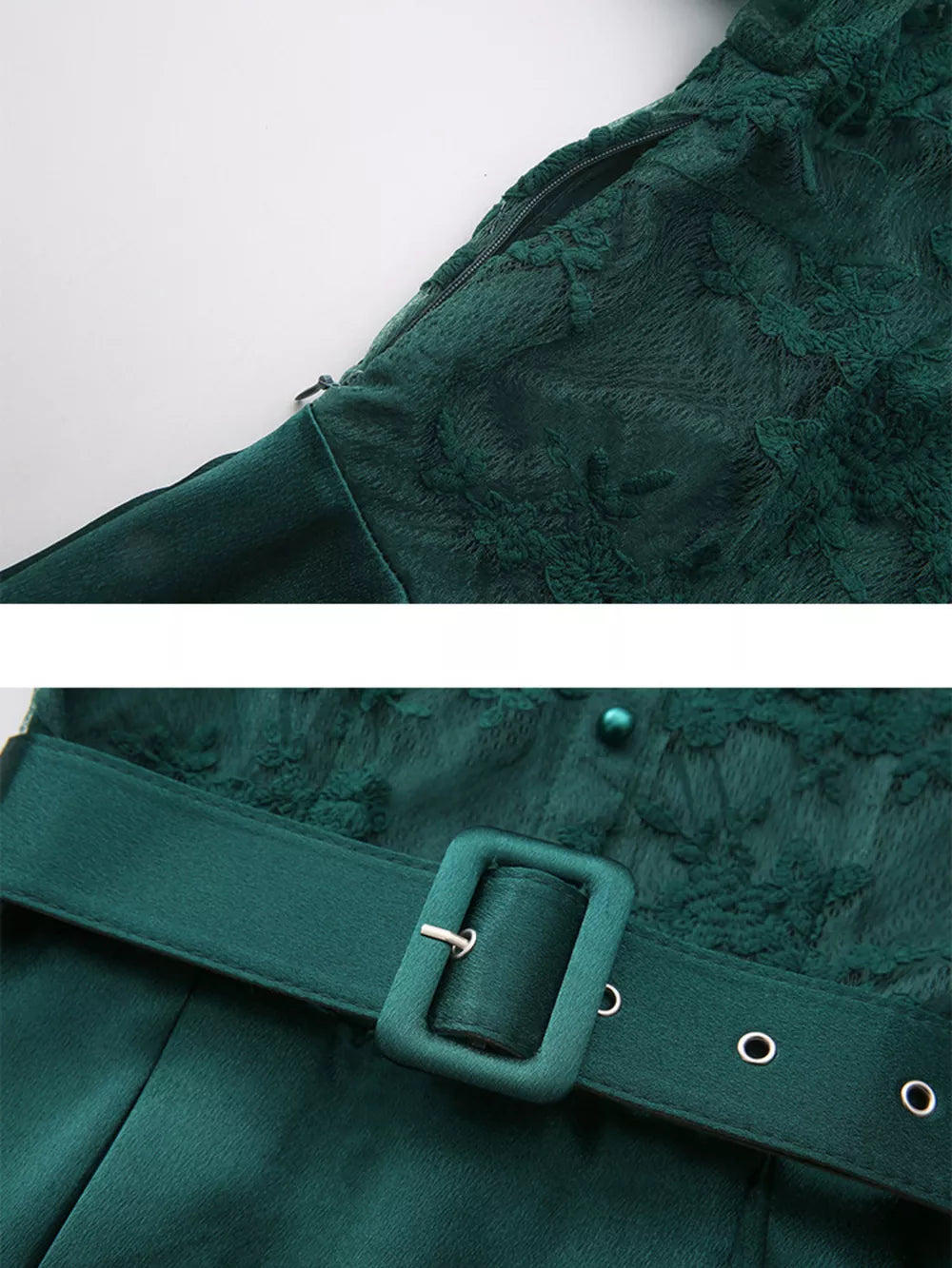 Green lace-embellished maxi dress with lantern sleeves, featuring a zipper and belt detail.