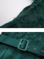 Green lace-embellished maxi dress with lantern sleeves, featuring a zipper and belt detail.