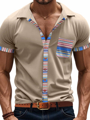 Khaki short sleeve men's cotton shirt with colorful striped trim on collar, placket, pocket, and cuffs.