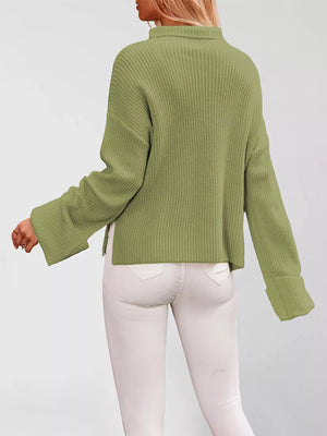 ivory mock neck sweater with ribbed knit and long sleeve