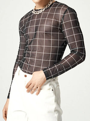 Black sheer mesh long sleeve top with white grid print and crew neck.