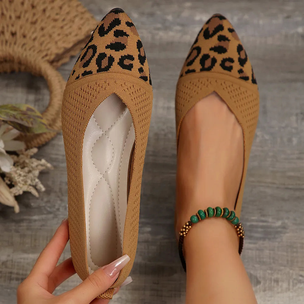 Leopard knit pointed ballet flats in khaki with a breathable texture and comfortable insole.