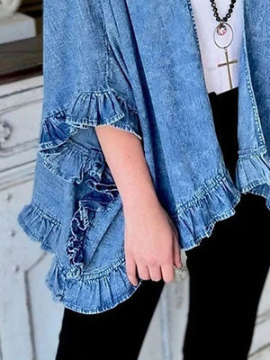 95%cotton,5%spandex Care instructions: Machine wash cold denim jacket in light wash denim blue with loose silhouette