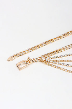 Gold layered chain belt with buckle and rhinestone embellishments