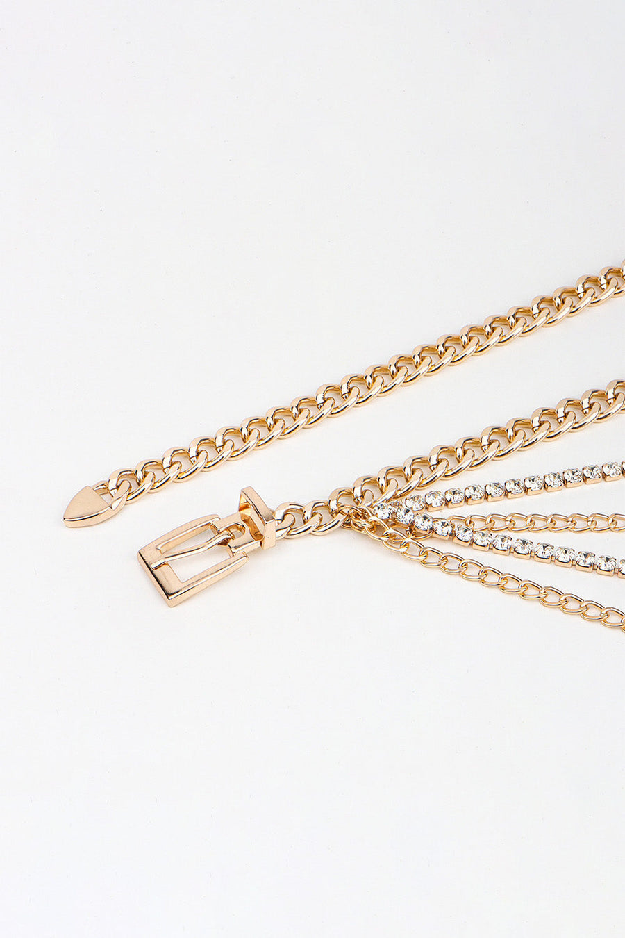 Gold layered chain belt with buckle and rhinestone embellishments