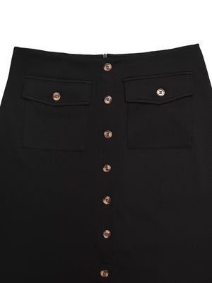 Black button-front midi skirt with two chest pockets and gold-tone buttons.