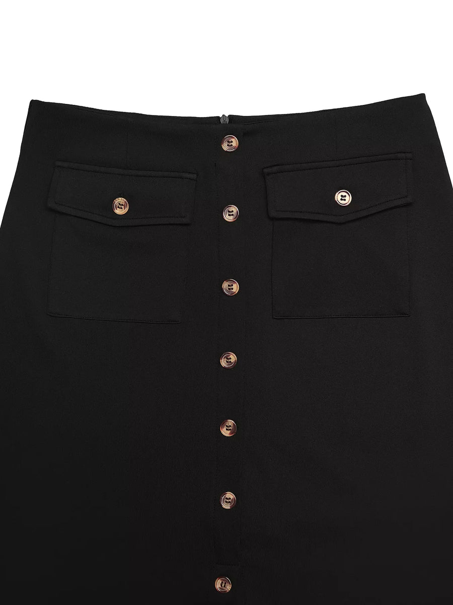 Black button-front midi skirt with two chest pockets and gold-tone buttons.
