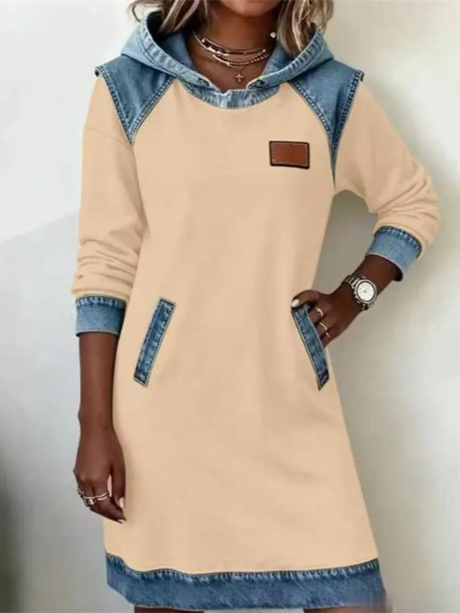Tan sweatshirt dress with washed and long sleeve
