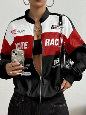black bomber jacket with letter print and mock neck