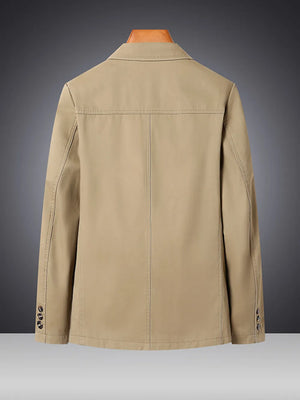 Khaki cotton lapel blazer for men, buttoned cuffs, basic style.