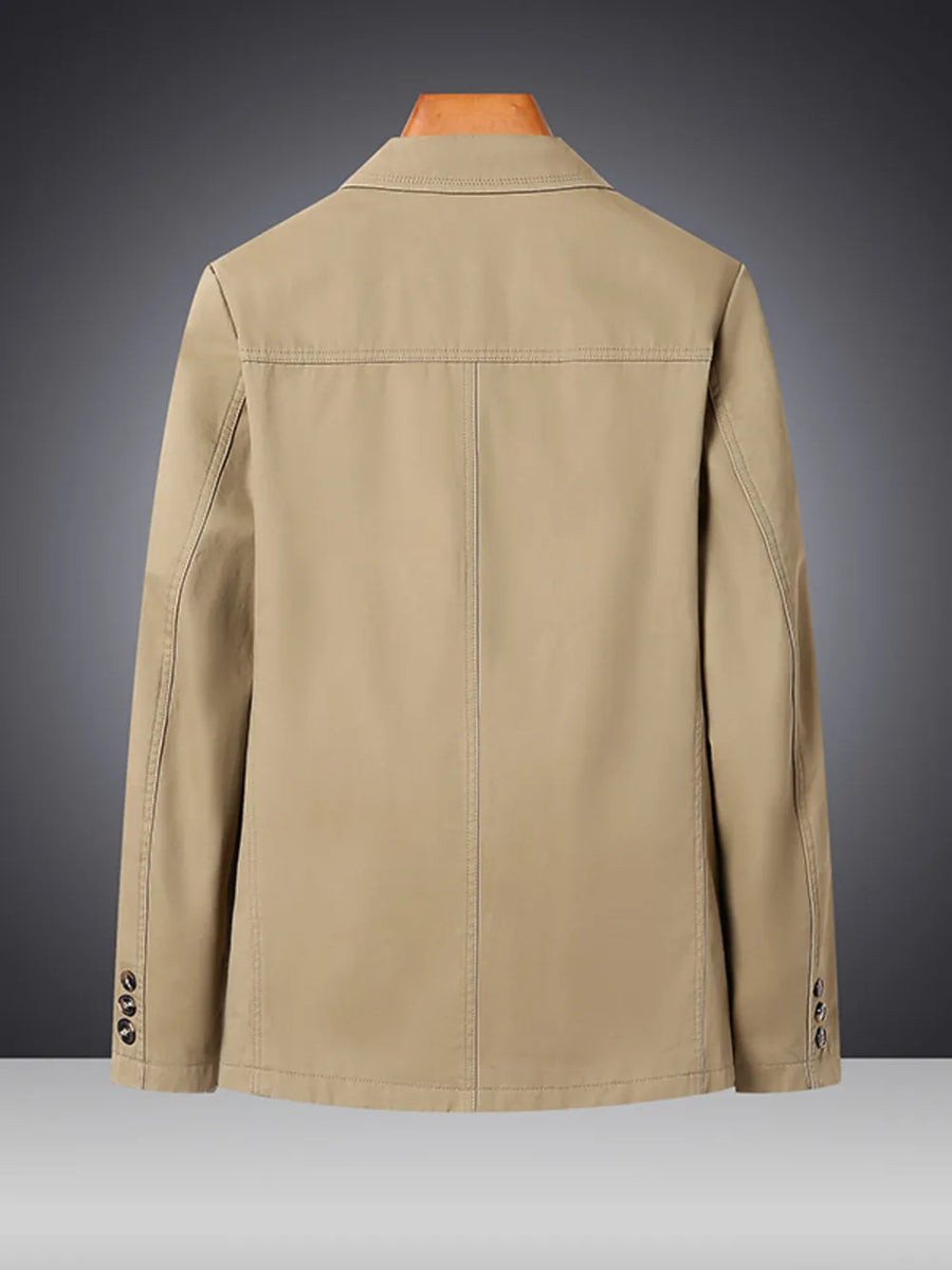 Khaki cotton lapel blazer for men, buttoned cuffs, basic style.