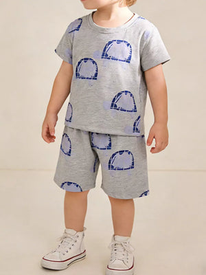 Grey cotton toddler boys' t-shirt and shorts set with a blue turtle print.