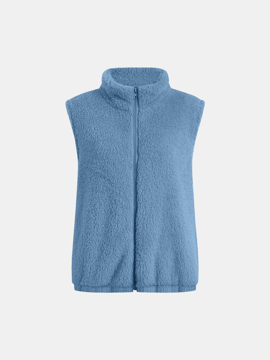 Blue teddy fleece stand-collar vest with zipper closure
