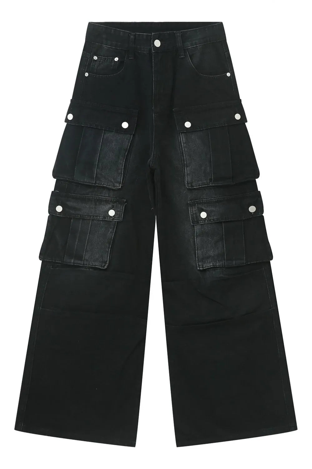 Dark denim wide-leg cargo pants with multiple utility pockets and silver button closures.