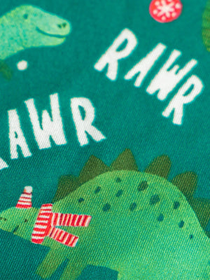 Dark green kids' pajamas with dinosaur print and "RAWR" text