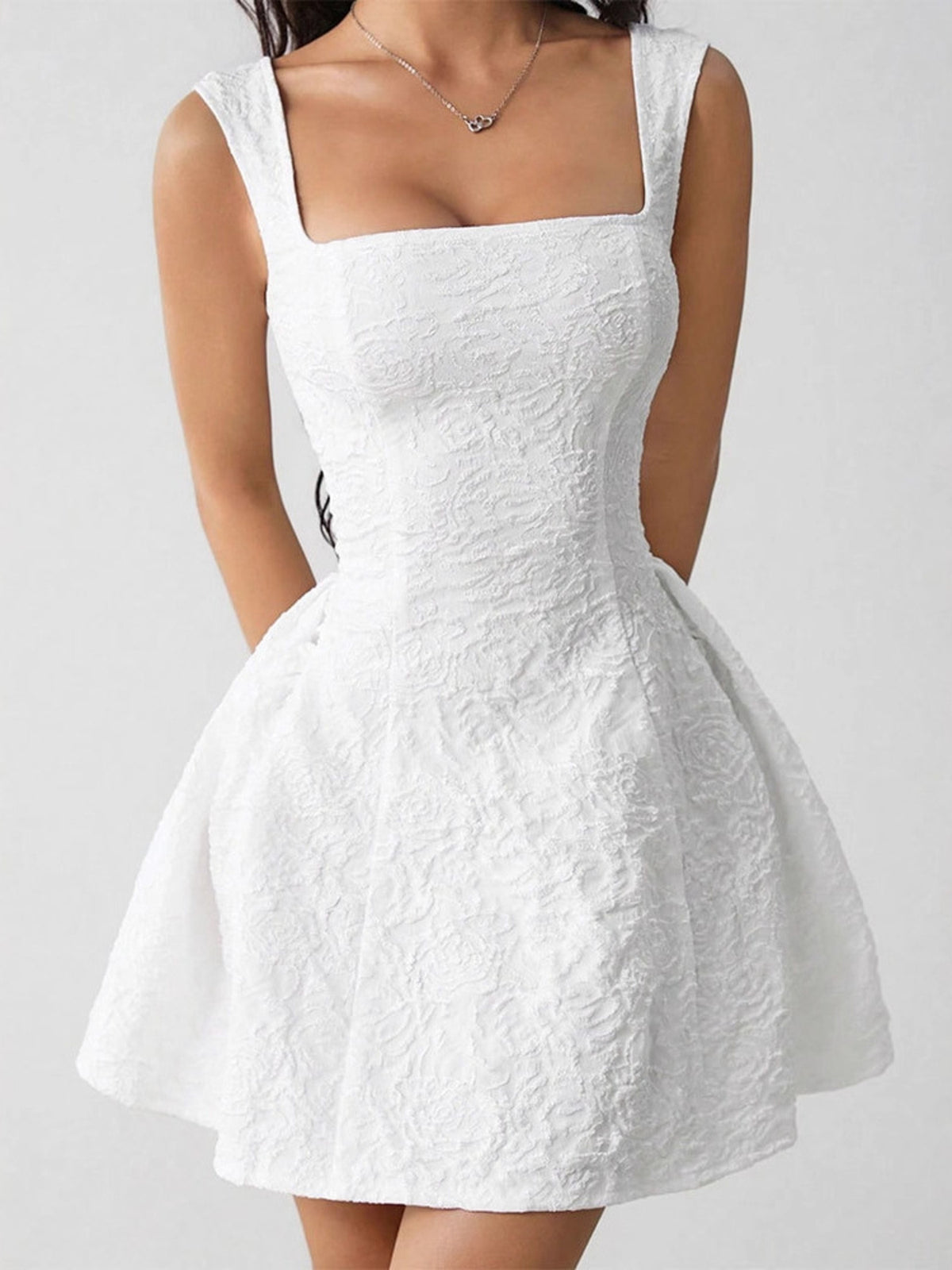 White textured square neck mini dress with a-line skirt and fitted bodice