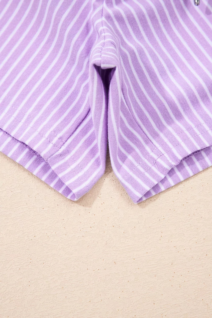 Purple and white striped cotton shorts with drawstring detail