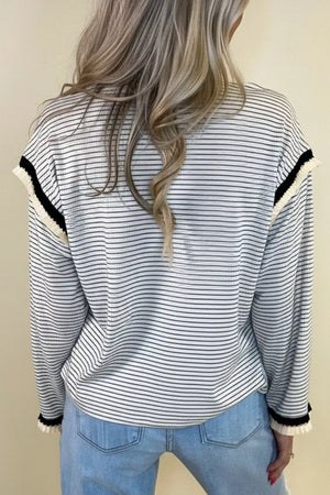 Stripe Contrasted Ruffle Trim Loose Long Sleeve Top option 7