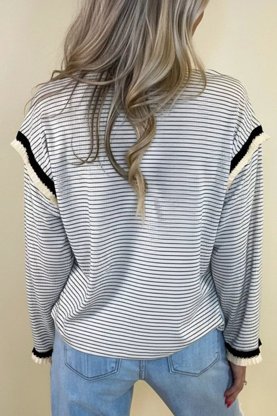 Stripe Contrasted Ruffle Trim Loose Long Sleeve Top option 7