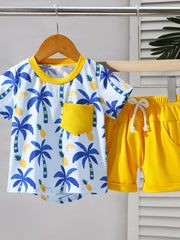 Baby tee and shorts set with tropical palm tree print and yellow accents.