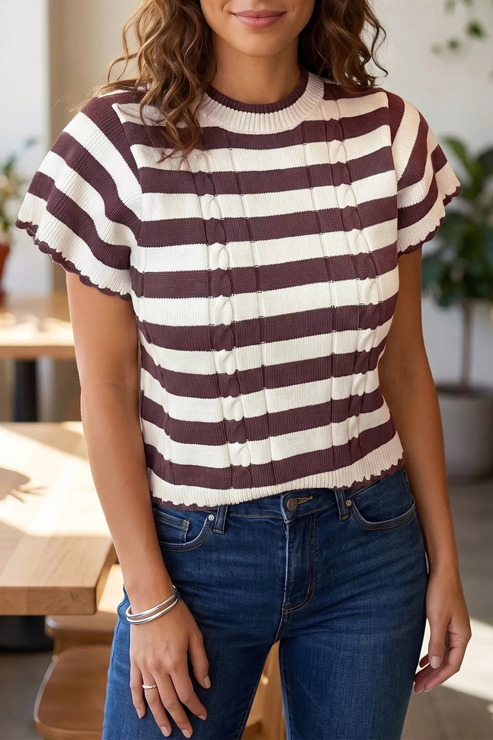 Brown Striped Ribbed Cable Knit Short Sleeve Sweater