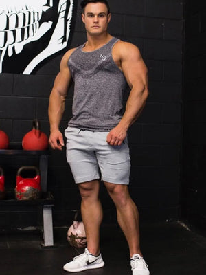 Gray performance knit active tank top with textured yoke detail