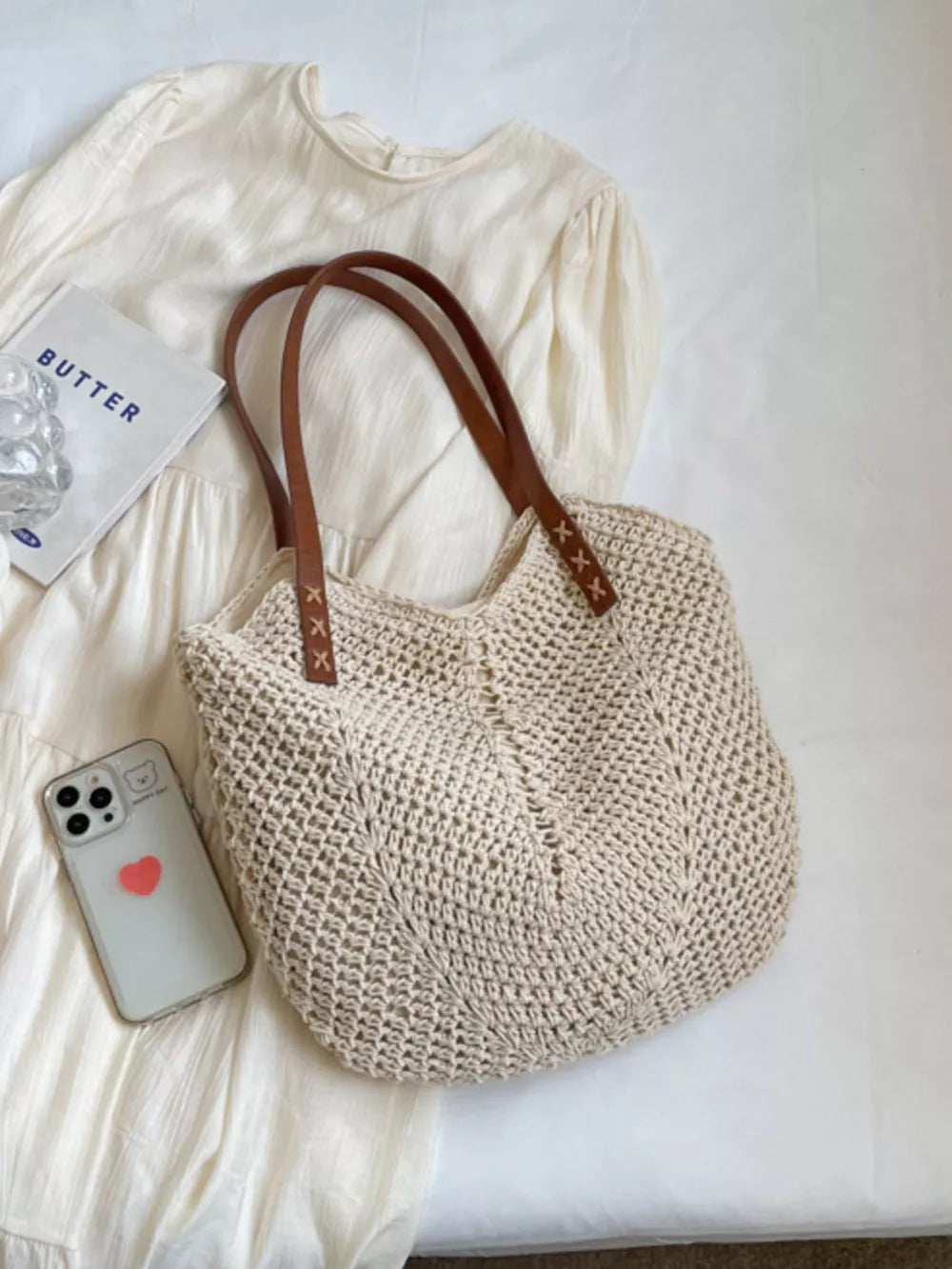 handbag in Off-white with crochet and crochet knit