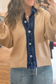 camel cardigan with hip-length and button-front