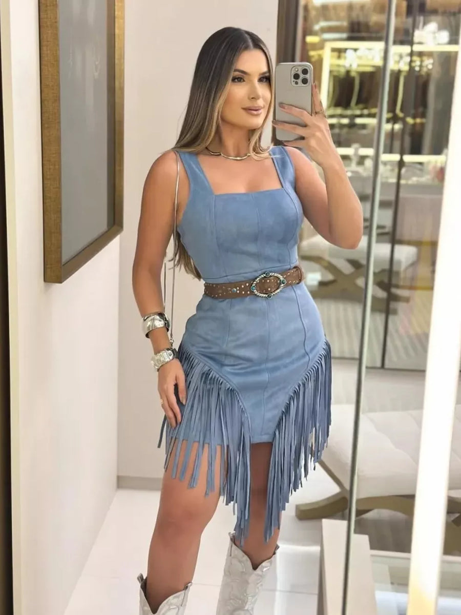 Blue cotton blend asymmetrical mini dress with fringe detail