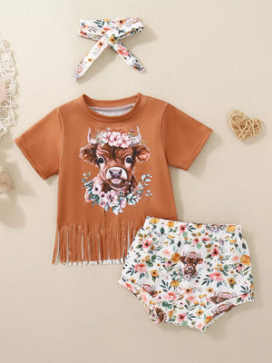 Brown baby set with cow graphic tee and floral print bloomers, cotton.