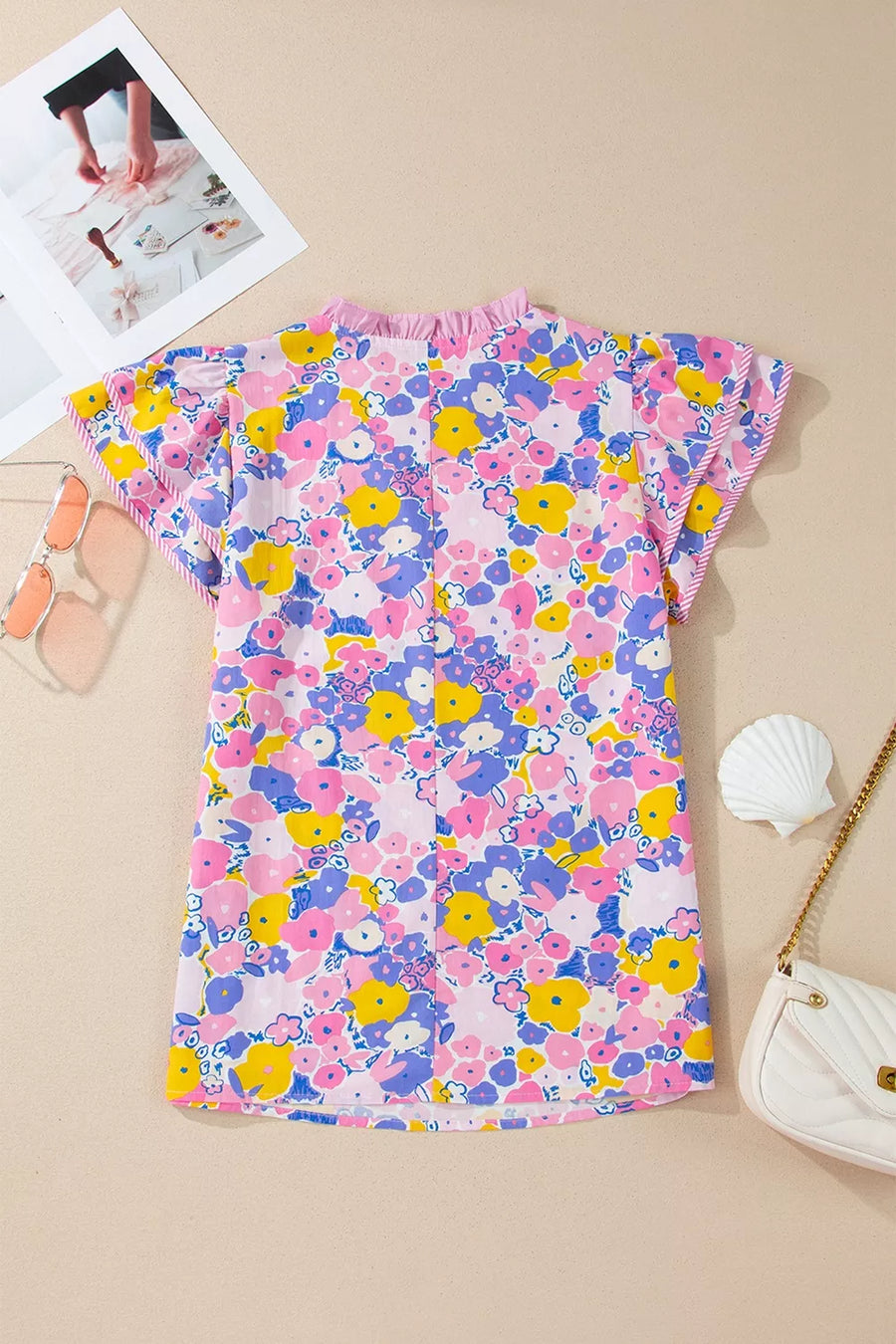 Floral Print Striped Color Block V Neck Blouse option 4
