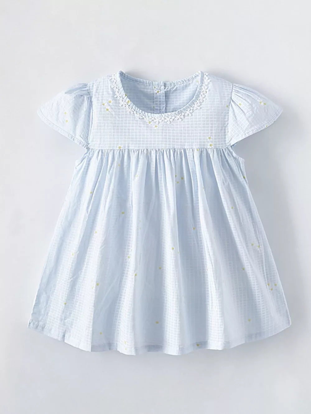 Baby dress in light blue gingham with yellow dots, cap sleeves, and lace collar.