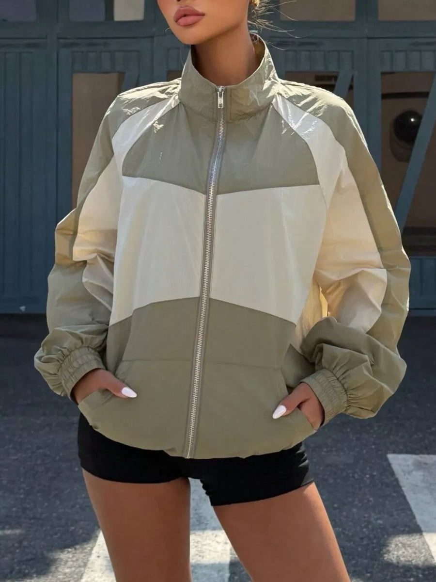 Green relaxed windbreaker with collared