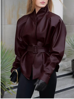 Stand Collar Belted Faux Leather Jacket option 5